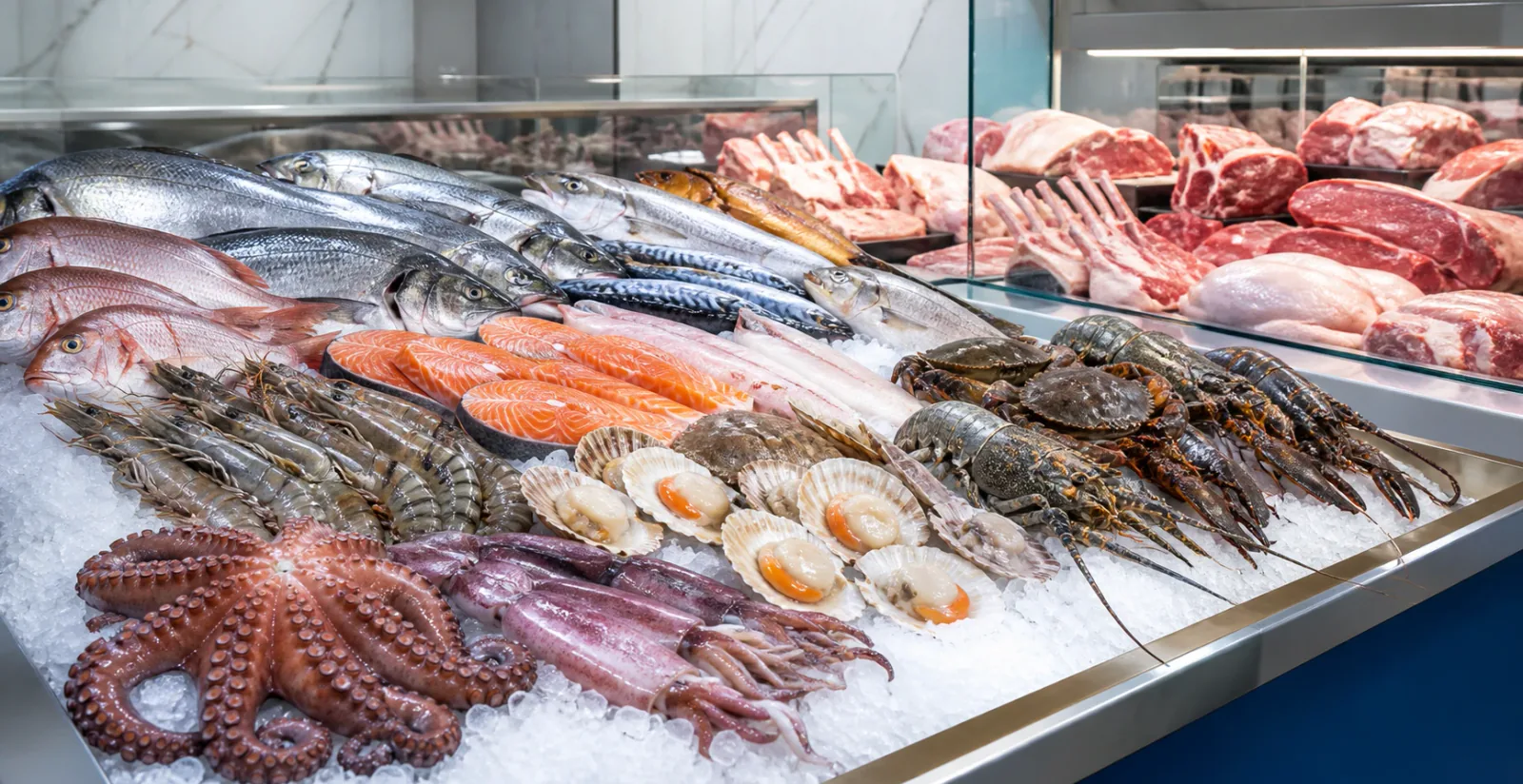 Fresh seafood and premium meat display at C Fresh Agro