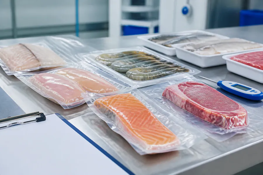 Quality inspection setup with packed seafood and meat